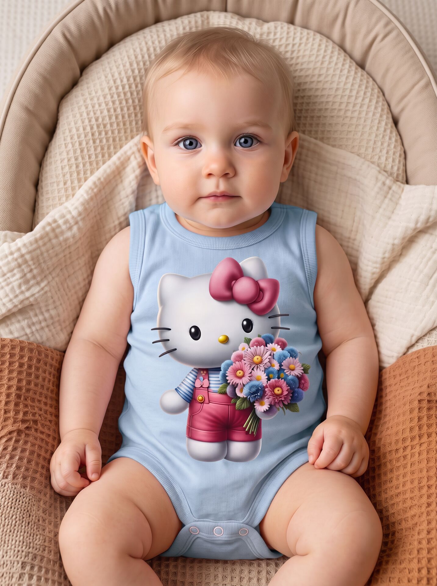 Pembe Fiyonk Kedi ve Çiçek Buketi Baskılı Pamuklu Bebek Body (Zıbın) Mavi - 6-9