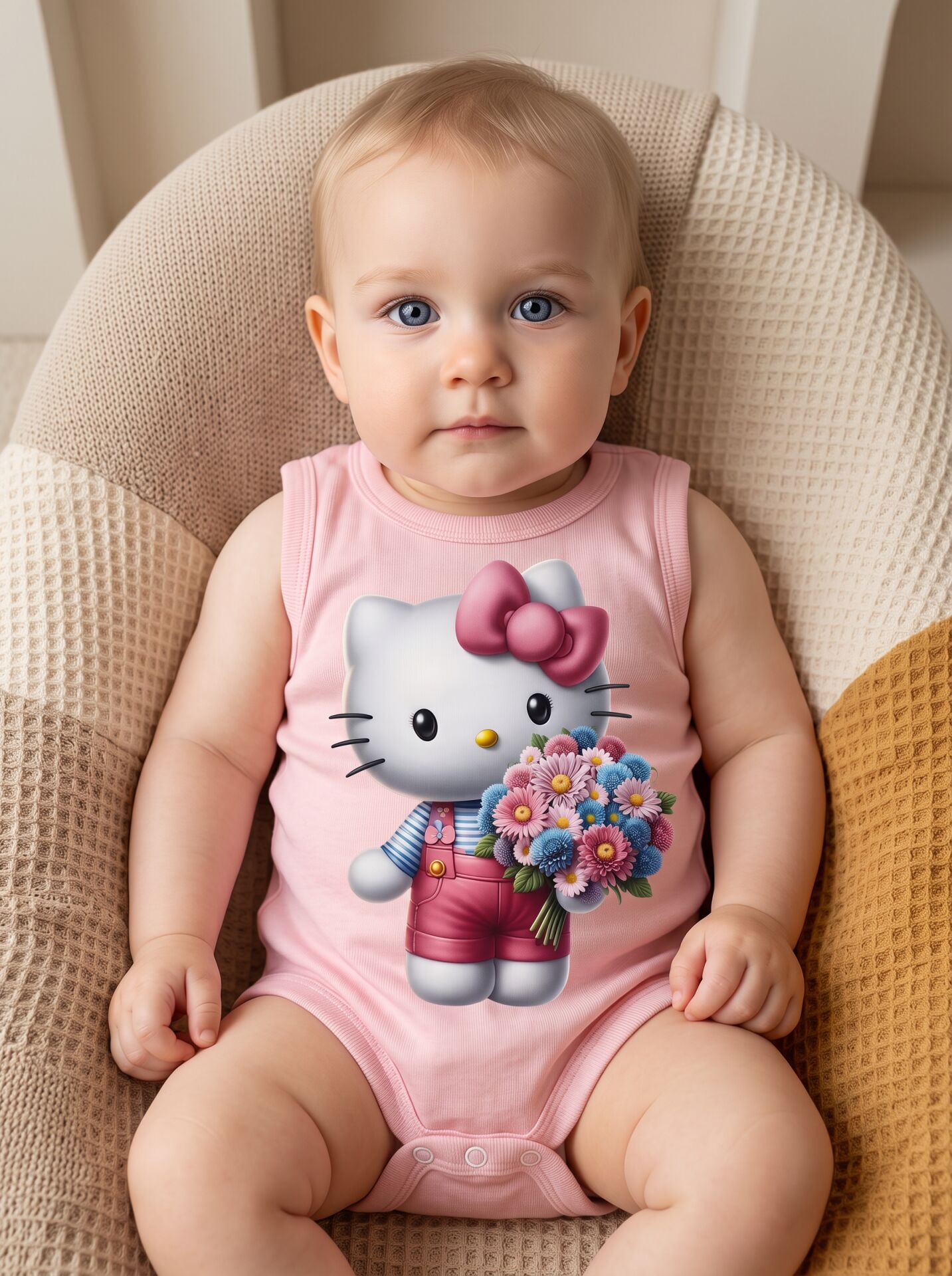 Pembe Fiyonk Kedi ve Çiçek Buketi Baskılı Pamuklu Bebek Body (Zıbın) Pembe - 0-3