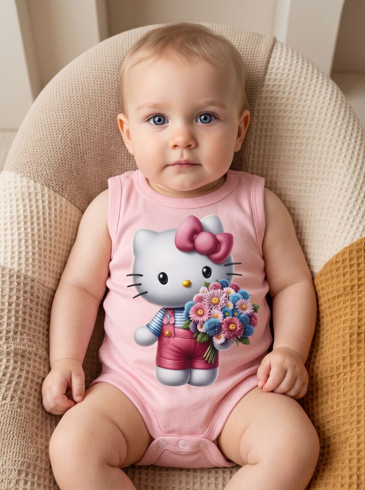 Pembe Fiyonk Kedi ve Çiçek Buketi Baskılı Pamuklu Bebek Body (Zıbın) Pembe - 0-3
