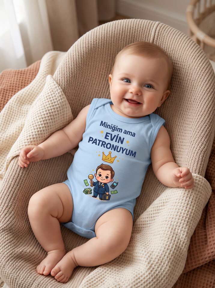Miniğim Ama Evin Patronuyum Baskılı Pamuklu Bebek Body (Zıbın) Mavi - 3-6
