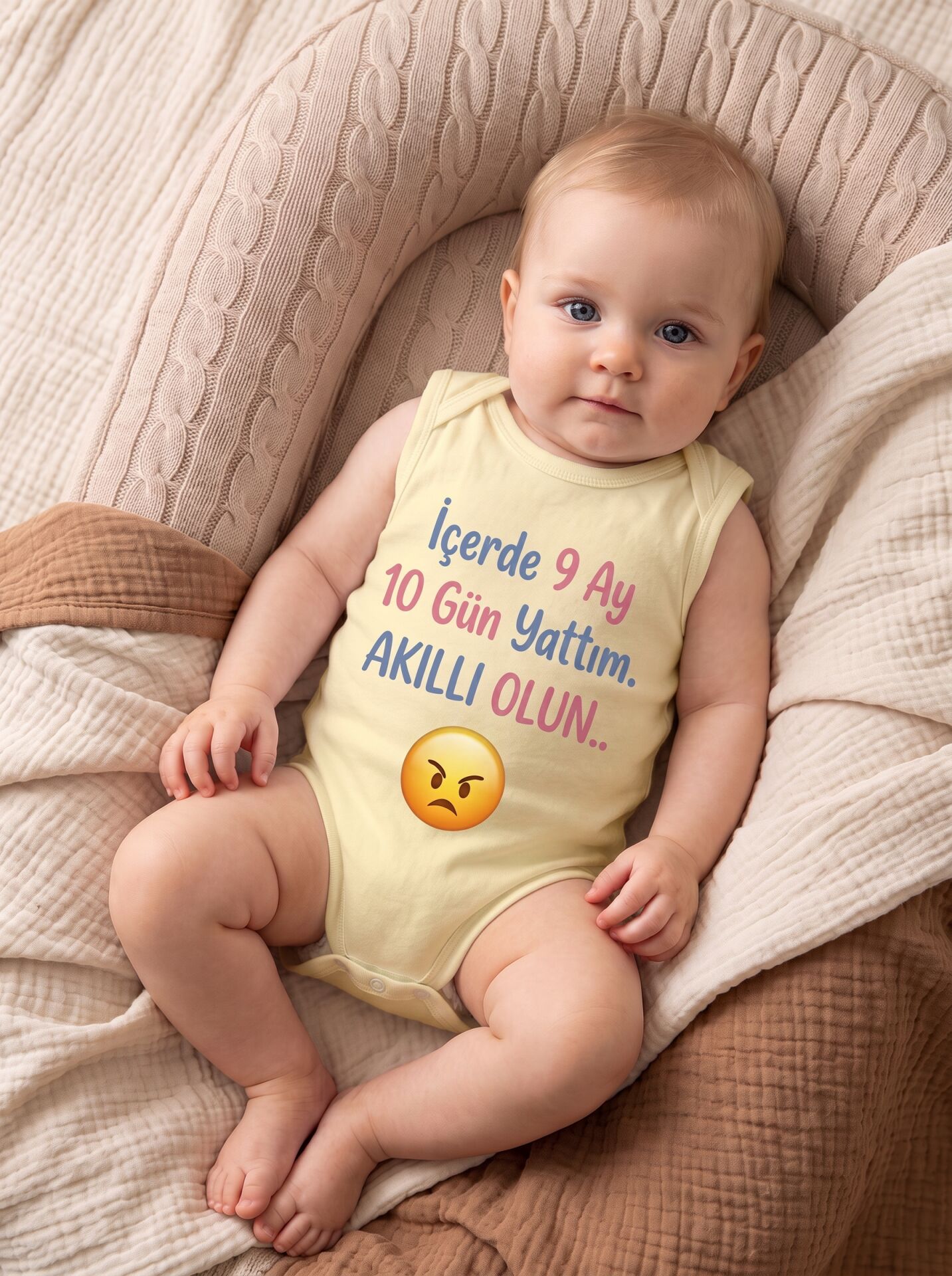 İçerde 9 Ay 10 Gün Yattım Akıllı Olun Emoji Baskılı Pamuklu Bebek Body Sarı - 0-3