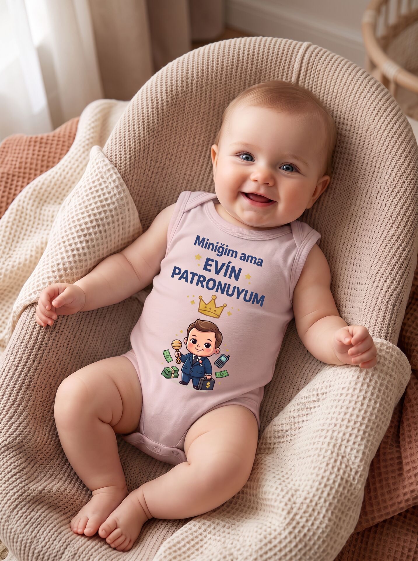 Miniğim Ama Evin Patronuyum Baskılı Pamuklu Bebek Body (Zıbın) Pembe - 24-30