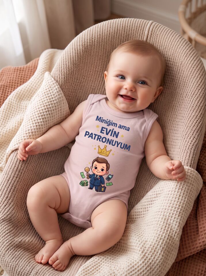 Miniğim Ama Evin Patronuyum Baskılı Pamuklu Bebek Body (Zıbın) Pembe - 24-30