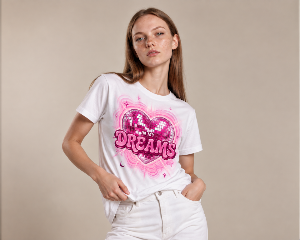 In My Dreams Kalp Baskılı %100 Pamuk Kadın Tişört
