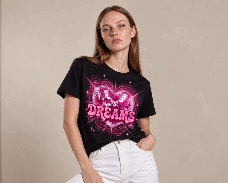 In My Dreams Kalp Baskılı %100 Pamuk Kadın Tişört S Beden - Siyah