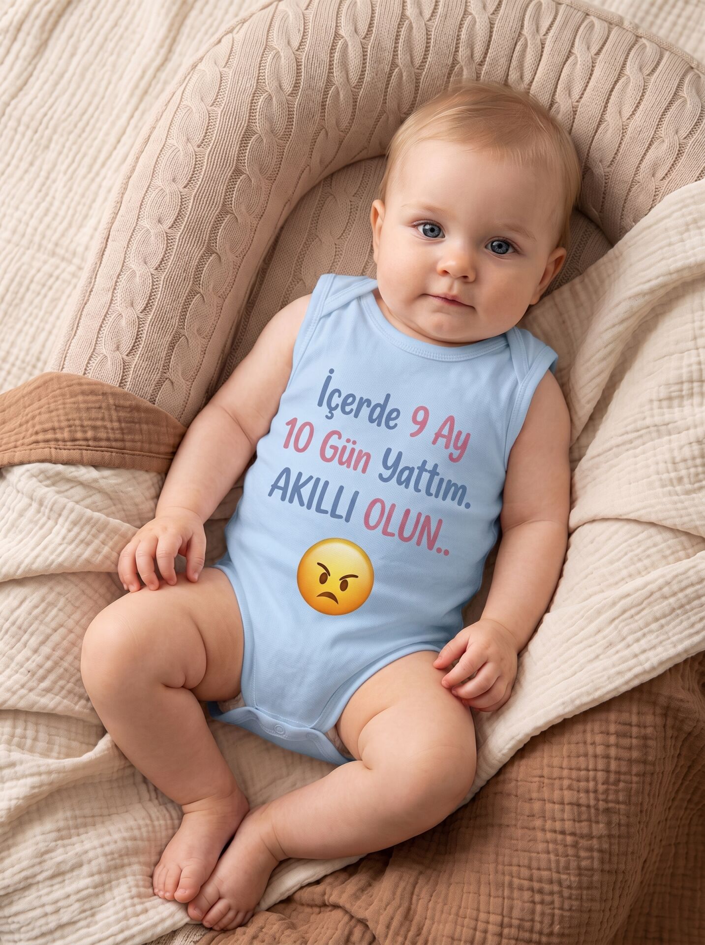 İçerde 9 Ay 10 Gün Yattım Akıllı Olun Emoji Baskılı Pamuklu Bebek Body Mavi - 6-9