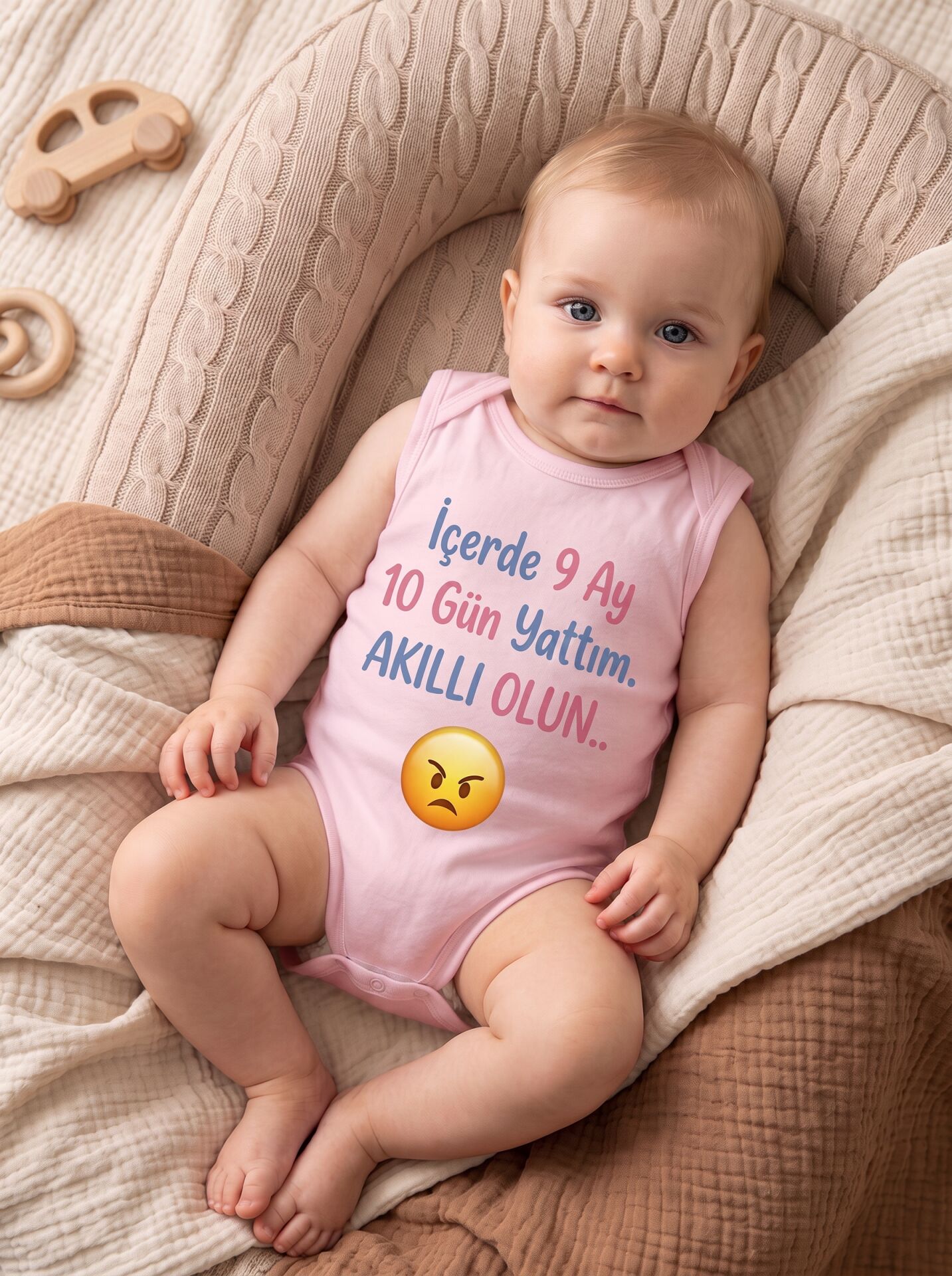 İçerde 9 Ay 10 Gün Yattım Akıllı Olun Emoji Baskılı Pamuklu Bebek Body Pembe - 9-12