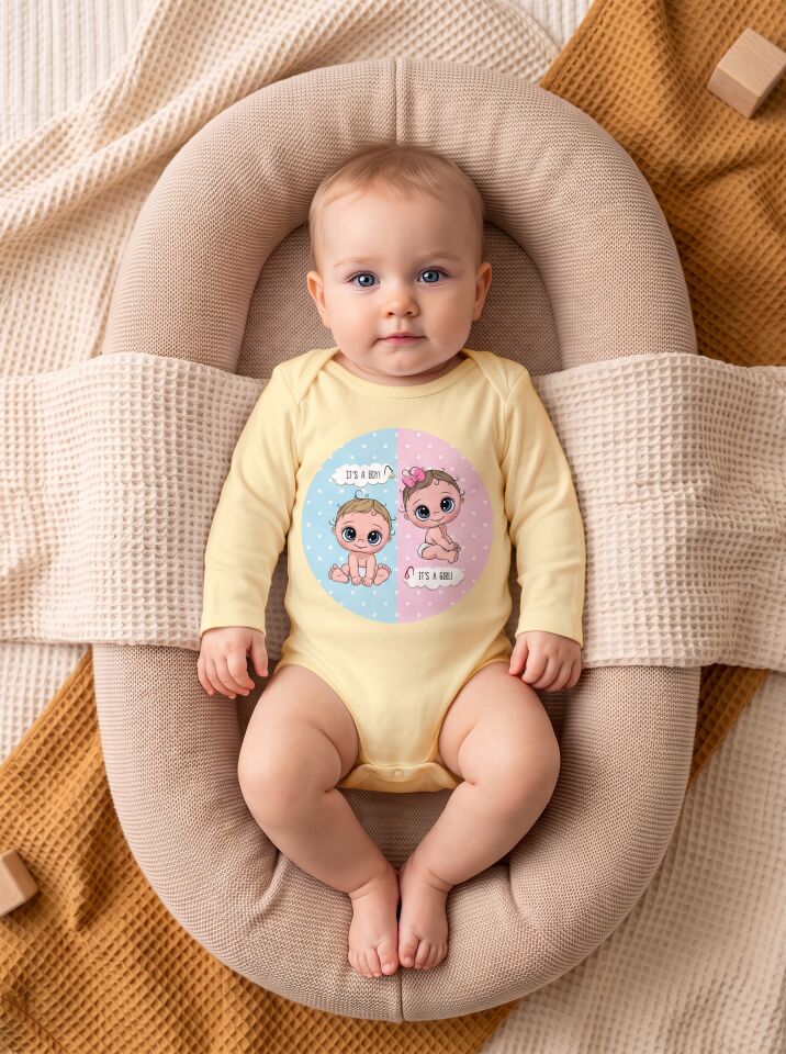 İkiz Bebek 'It's a Boy / It's a Girl' Baskılı Pamuklu Uzun Kol Body Sarı - 0-3