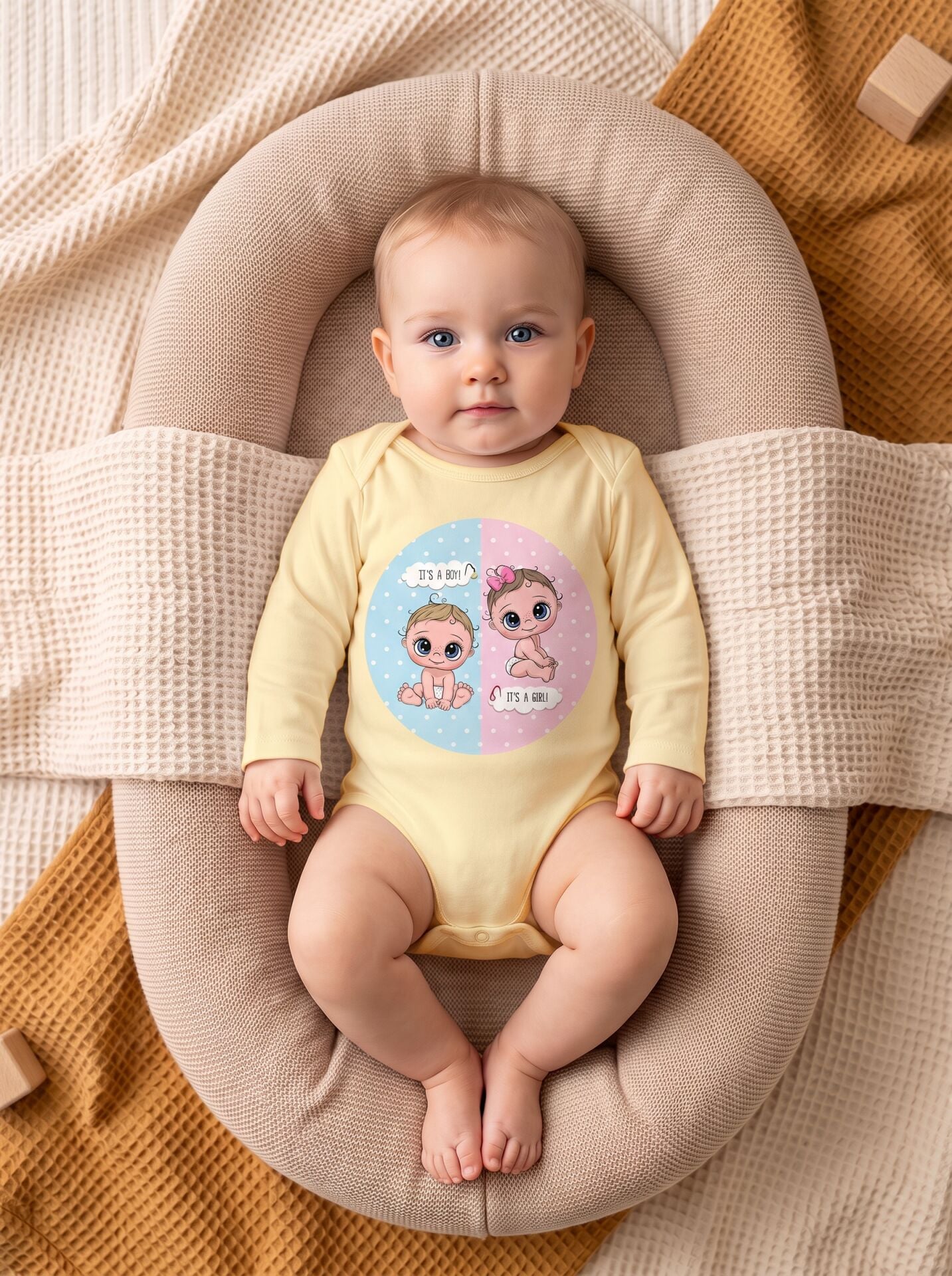 İkiz Bebek 'It's a Boy / It's a Girl' Baskılı Pamuklu Uzun Kol Body Sarı - 12-18