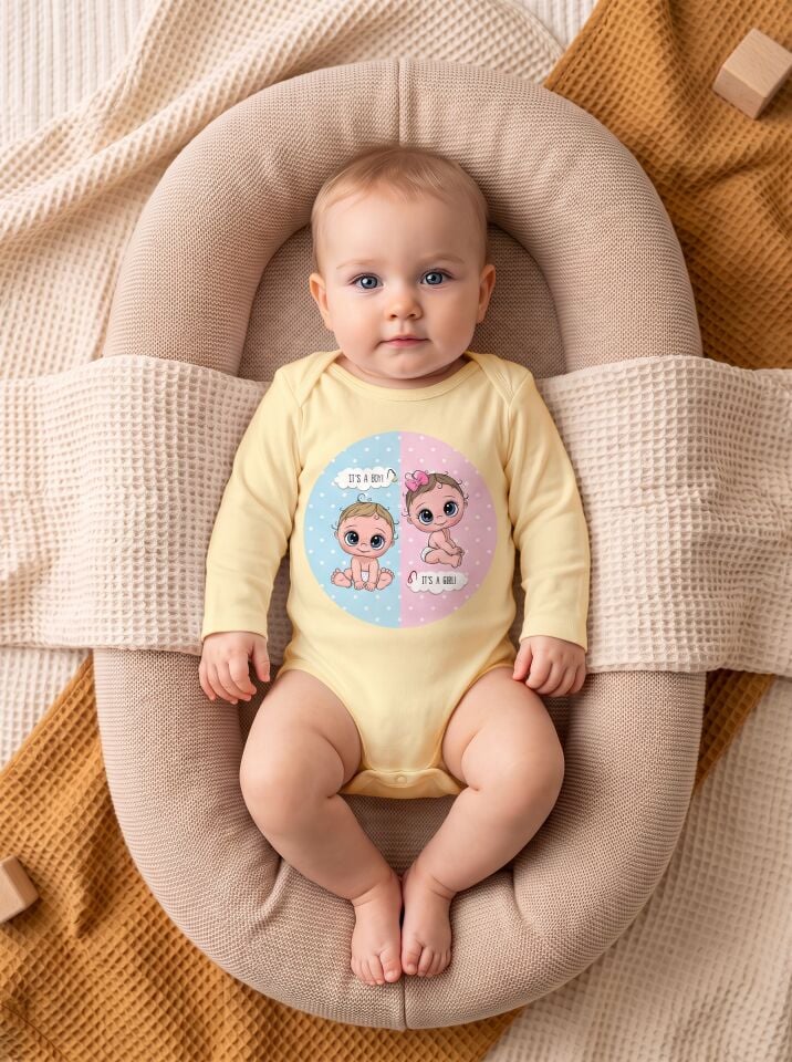 İkiz Bebek 'It's a Boy / It's a Girl' Baskılı Pamuklu Uzun Kol Body Sarı - 12-18