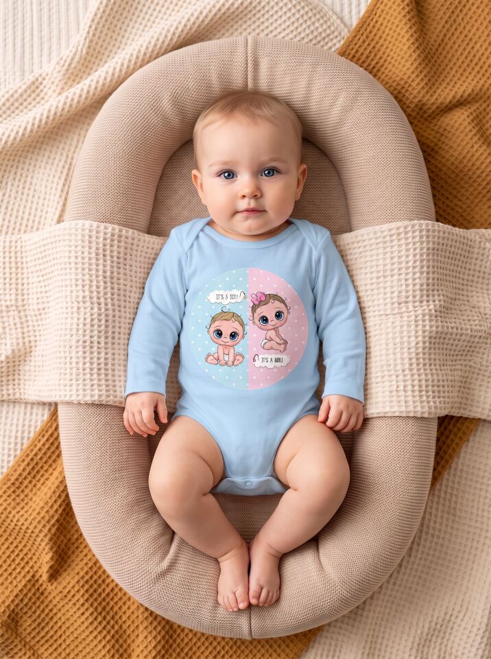 İkiz Bebek 'It's a Boy / It's a Girl' Baskılı Pamuklu Uzun Kol Body Mavi - 6-9
