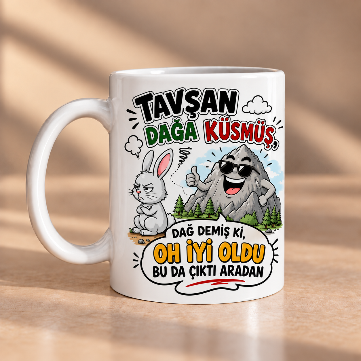 Tavşan Dağa Küsmüş Dağın Haberi Olmamış Esprili Porselen Kupa 330 ml