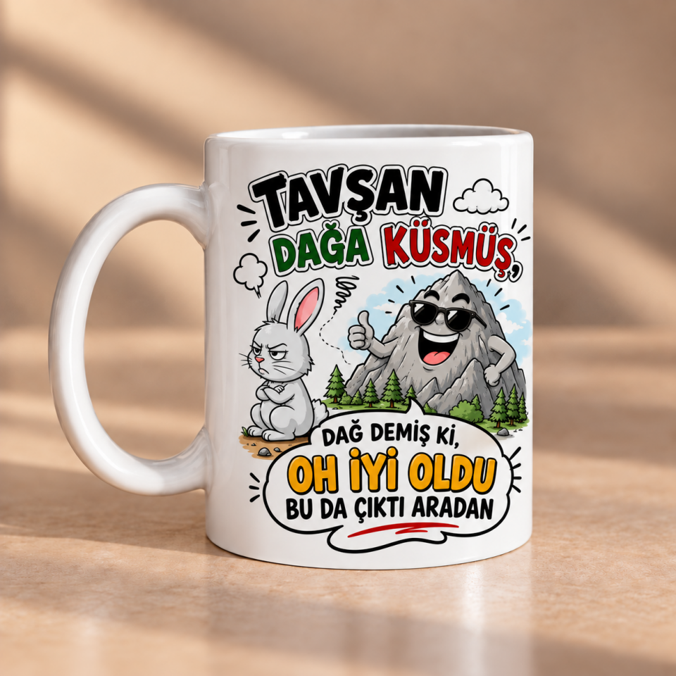 Tavşan Dağa Küsmüş Dağın Haberi Olmamış Esprili Porselen Kupa 330 ml