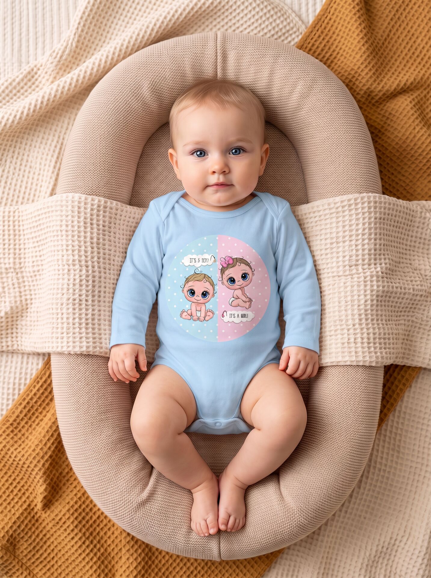 İkiz Bebek 'It's a Boy / It's a Girl' Baskılı Pamuklu Uzun Kol Body Mavi - 24-30