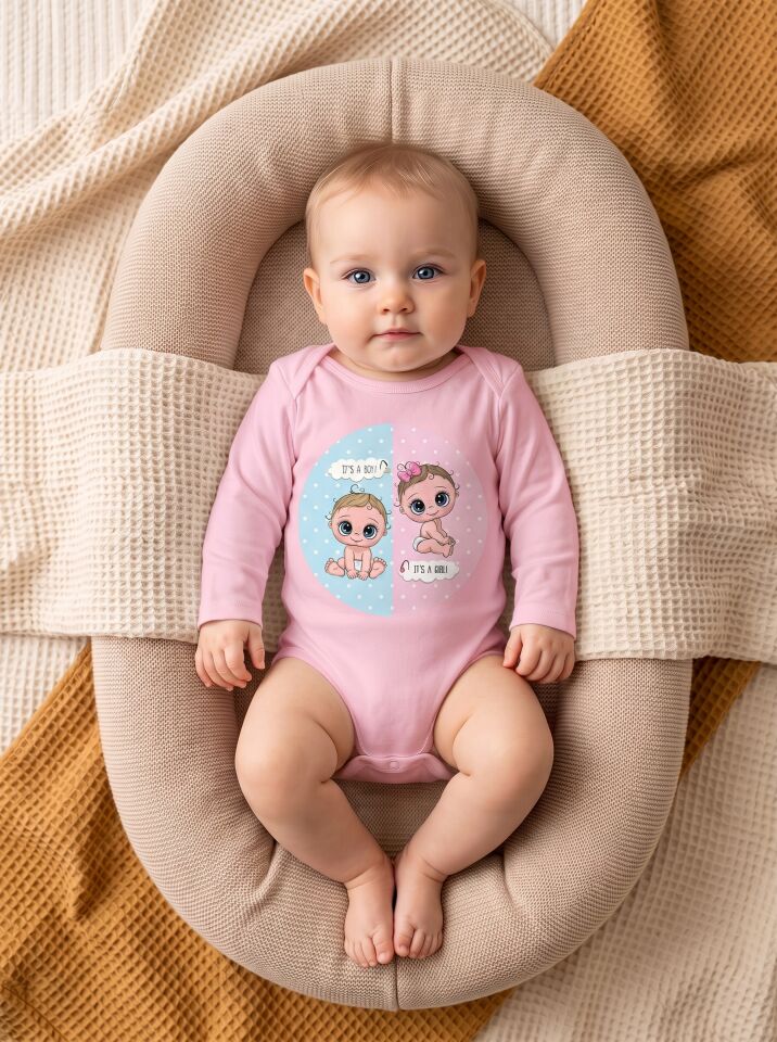 İkiz Bebek 'It's a Boy / It's a Girl' Baskılı Pamuklu Uzun Kol Body Pembe - 6-9