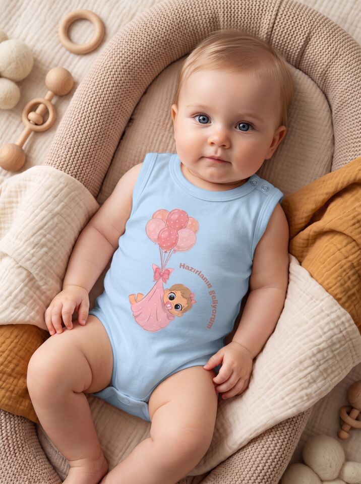 Hazırlanın Geliyorum Balonlu Baskılı Pamuklu Kolsuz Bebek Body Mavi - 6-9