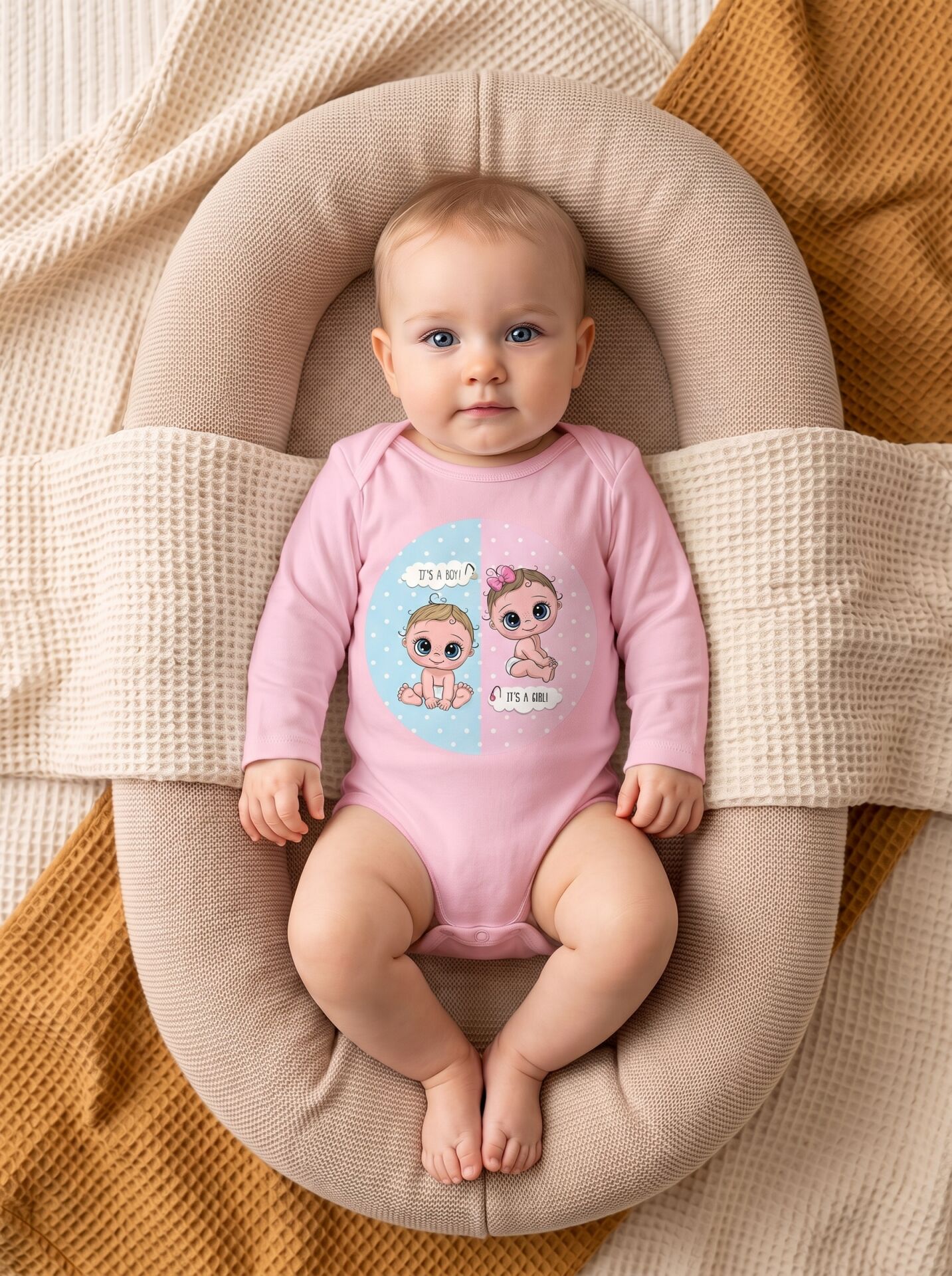 İkiz Bebek 'It's a Boy / It's a Girl' Baskılı Pamuklu Uzun Kol Body Pembe - 18-24