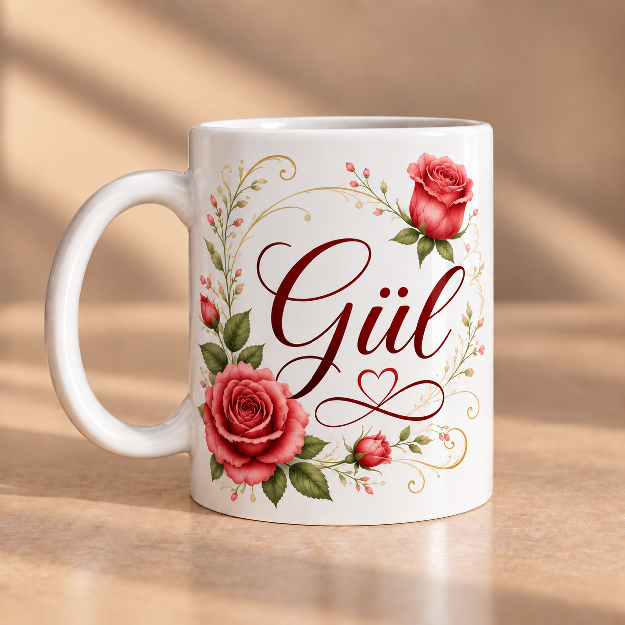 Gül İsimli Gül Desenli Kişiye Özel Porselen Kupa 330 ml