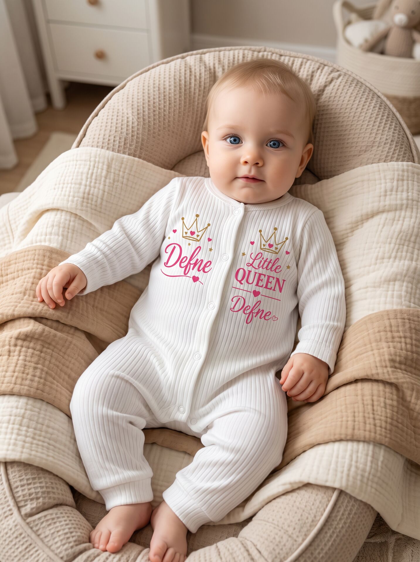 Little Queen Taç Baskılı Kişiye Özel Pamuklu Bebek Body Tulum (İkiz Kızlara Uygun) Beyaz - 3-6