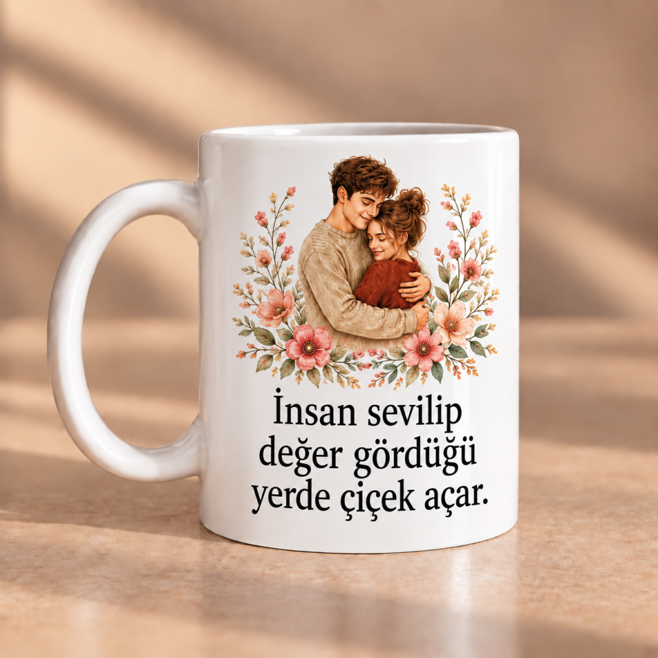 İnsan Sevilip Değer Gördüğü Yerde Çiçek Açar Porselen Kupa 330 ml