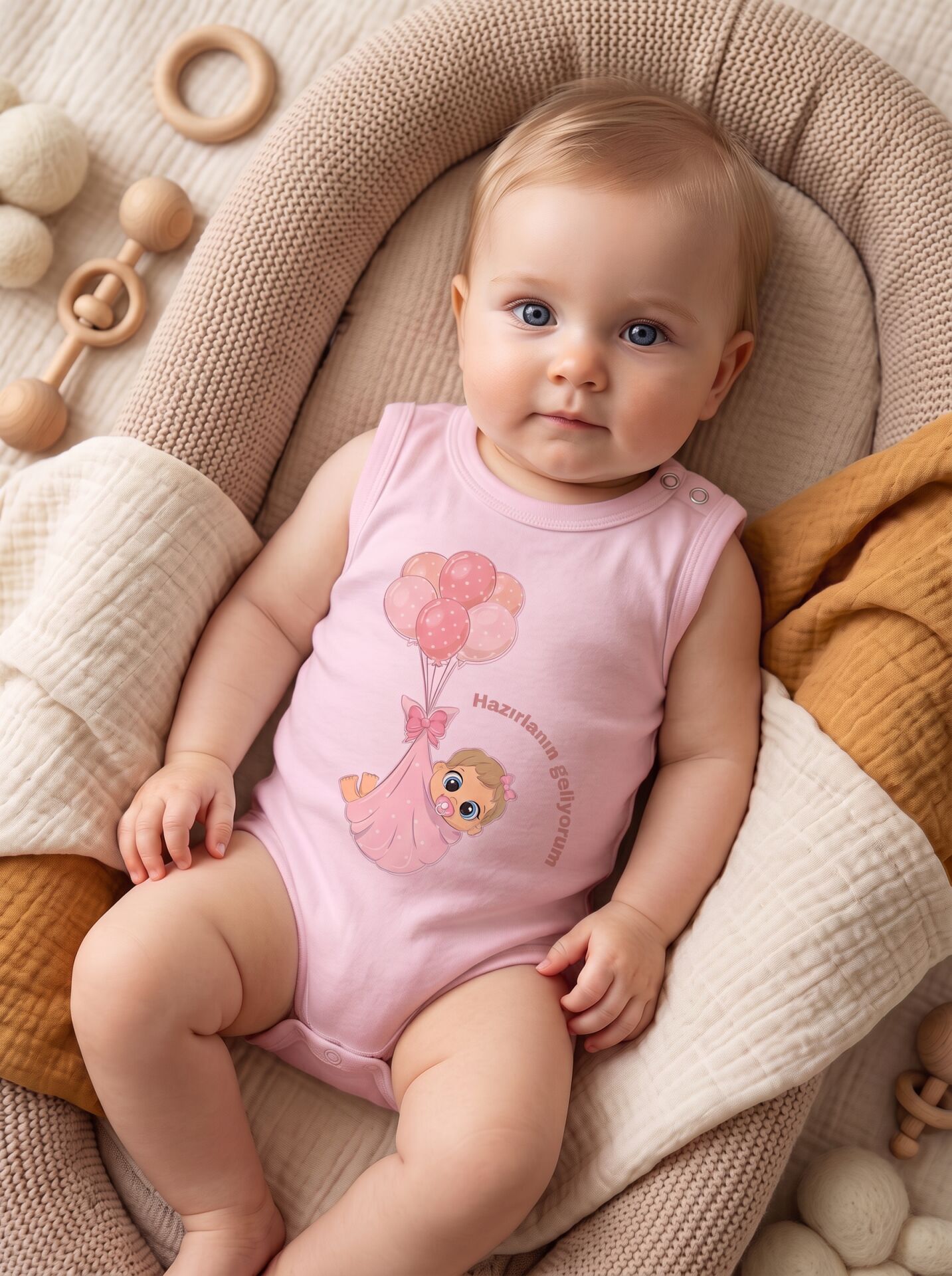 Hazırlanın Geliyorum Balonlu Baskılı Pamuklu Kolsuz Bebek Body Pembe - 3-6
