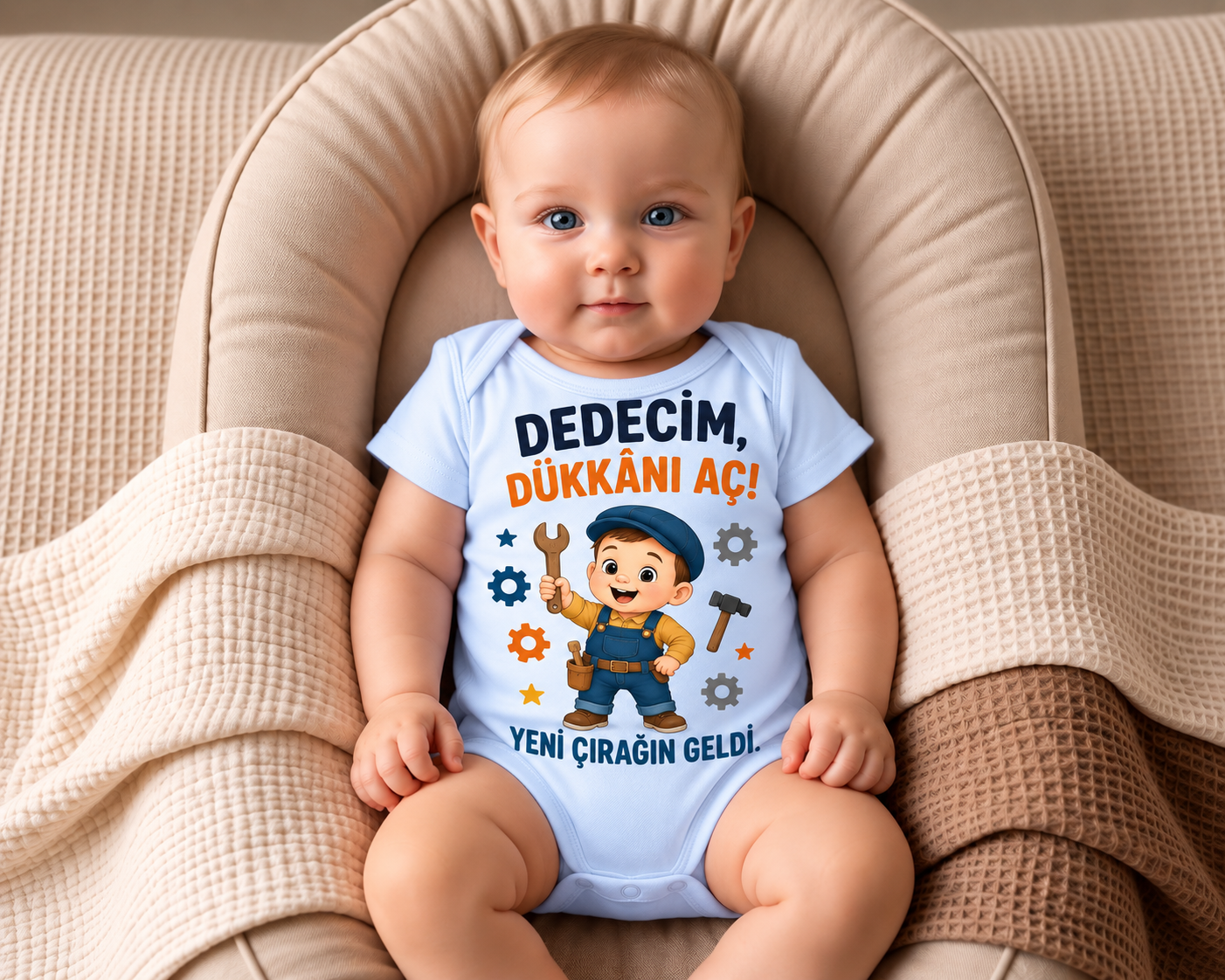 Dedeciğim Dükkânı Aç Yeni Çırağın Geldi Baskılı Pamuklu Kısa Kollu Bebek Zıbını