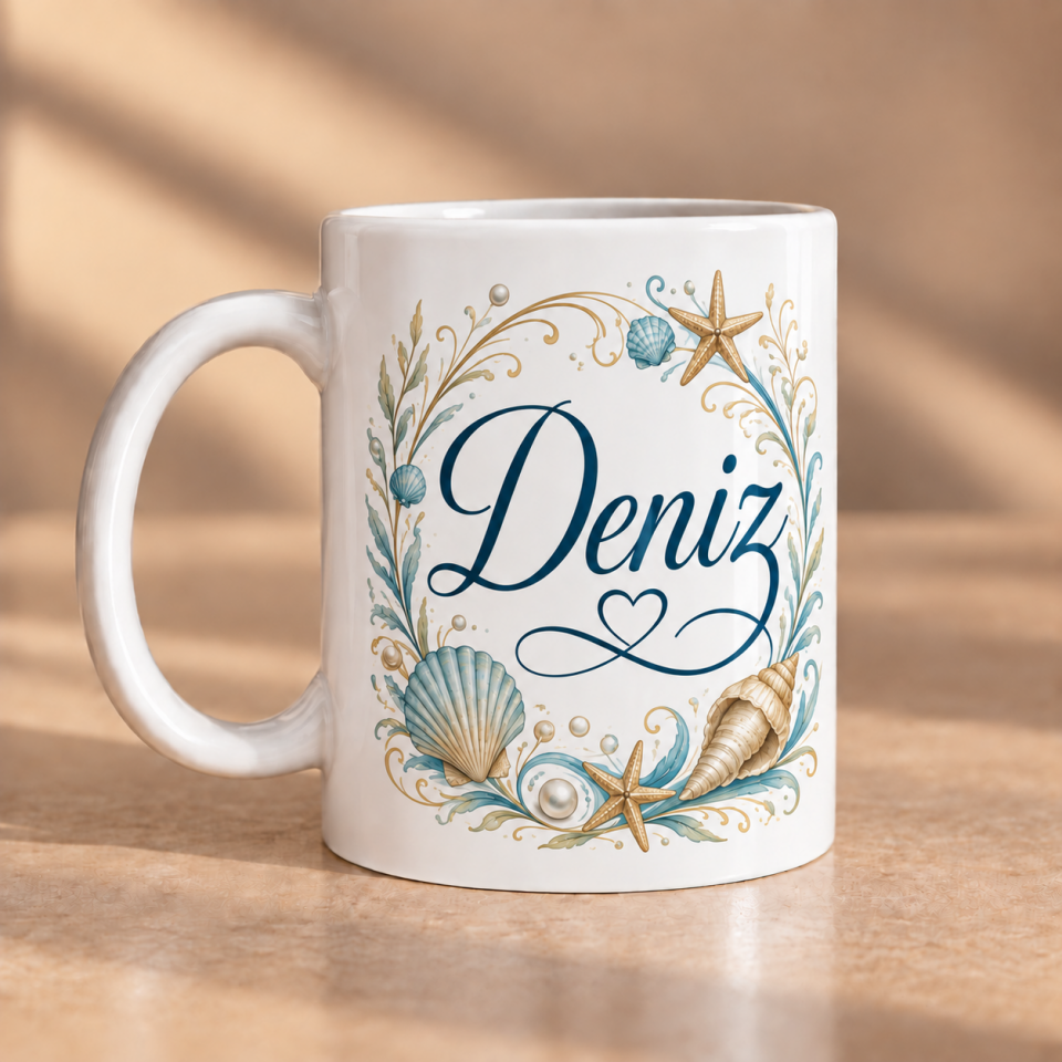 Deniz İsimli Deniz Temalı Kişiye Özel Porselen Kupa 330 ml