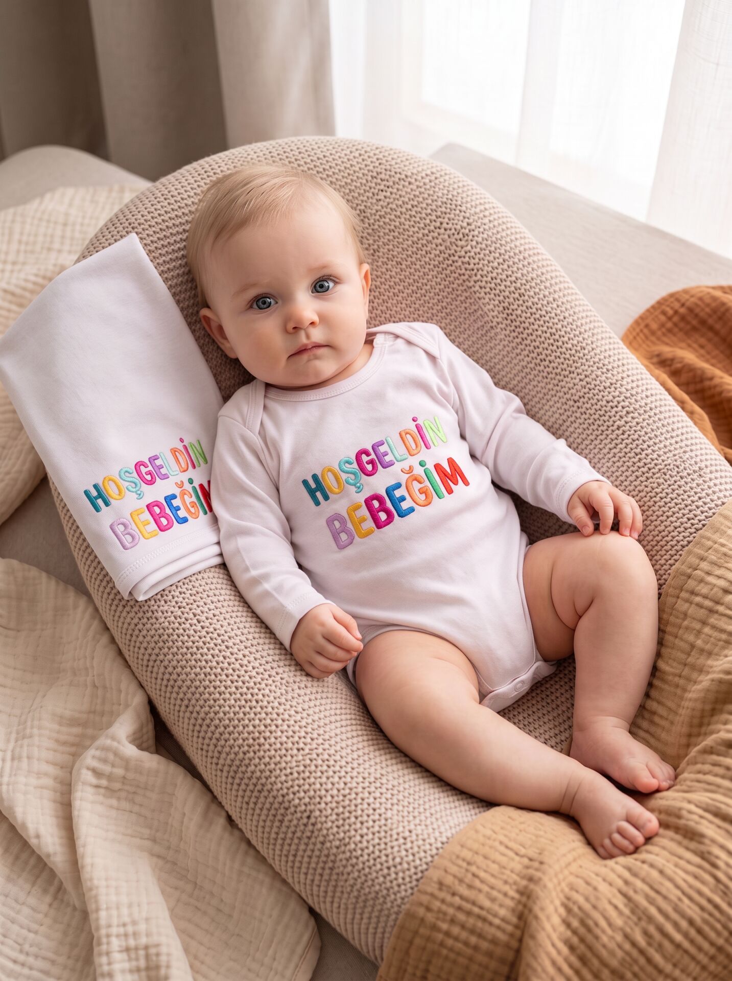 Hoşgeldin Bebeğim Baskılı Pamuklu Bebek Body (Uzun Kollu) Beyaz - 24-30