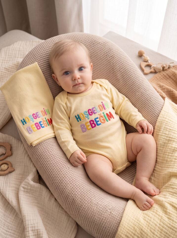 Hoşgeldin Bebeğim Baskılı Pamuklu Bebek Body (Uzun Kollu) Sarı - 6-9