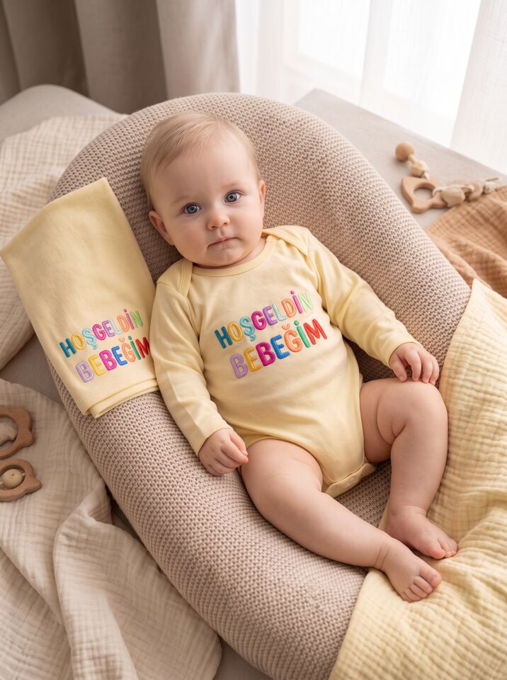 Hoşgeldin Bebeğim Baskılı Pamuklu Bebek Body (Uzun Kollu) Sarı - 24-30