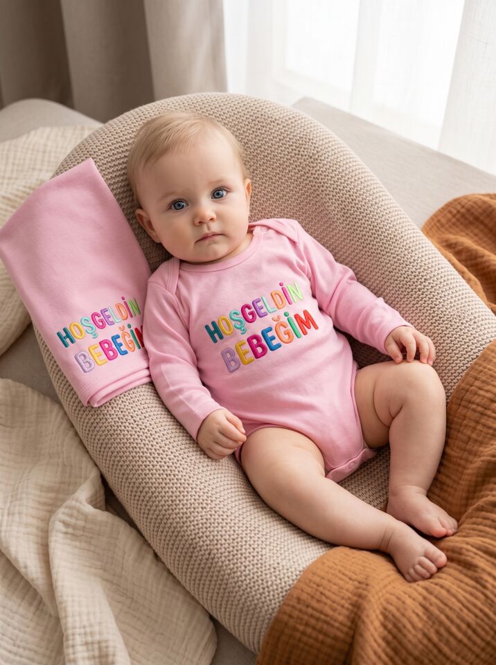 Hoşgeldin Bebeğim Baskılı Pamuklu Bebek Body (Uzun Kollu) Pembe - 0-3