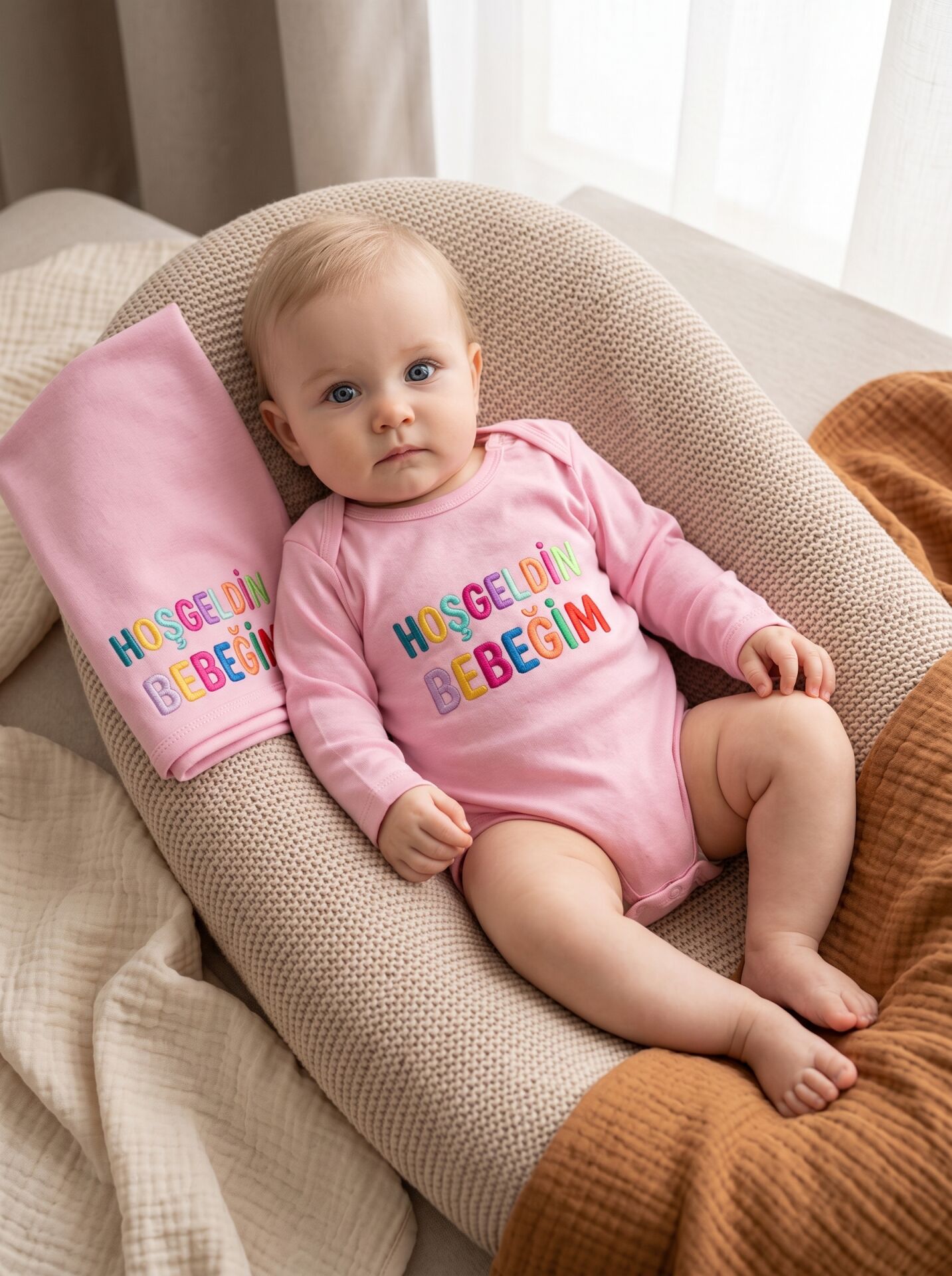 Hoşgeldin Bebeğim Baskılı Pamuklu Bebek Body (Uzun Kollu) Pembe - 24-30