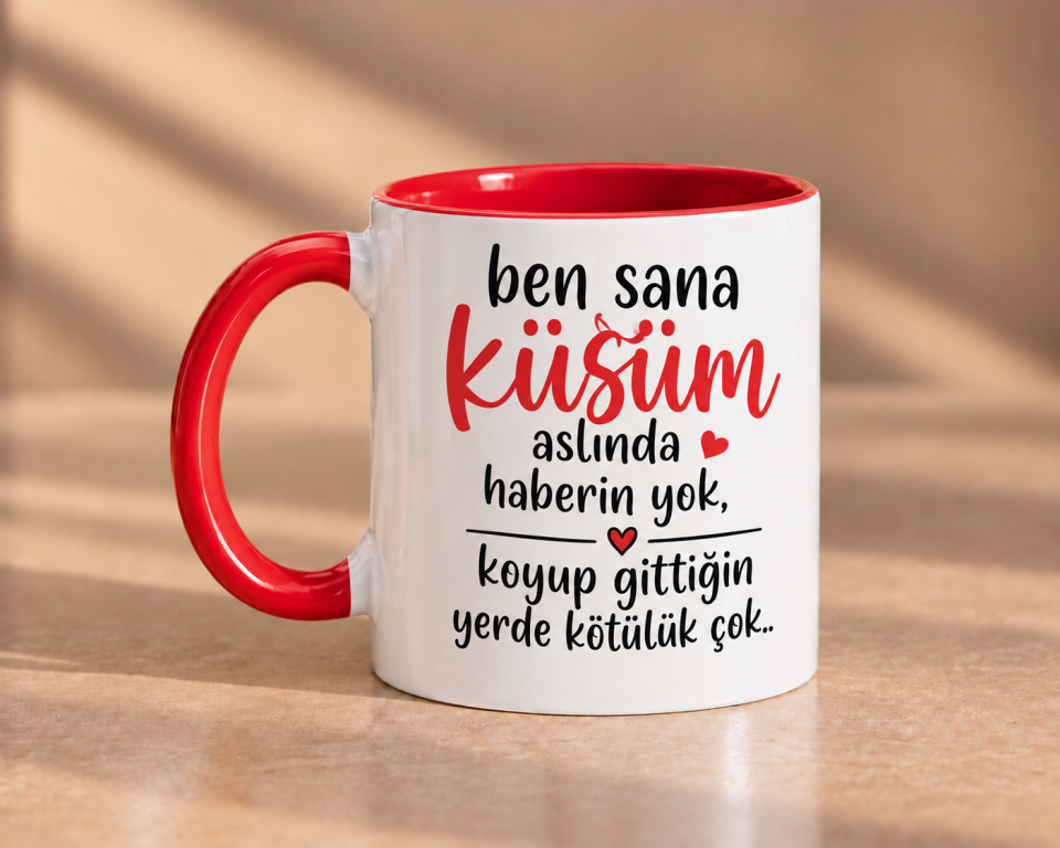 Ben Sana Küsüm Aslında Kırmızı Kalpli Porselen Kupa
