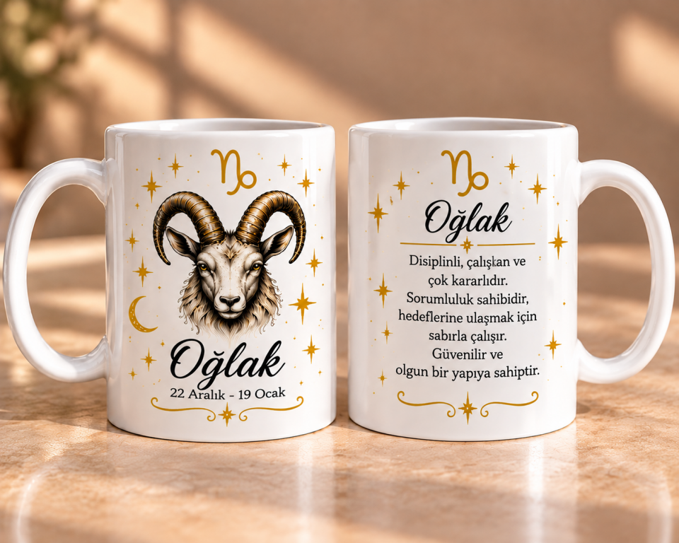 Oğlak Burcu Ön ve Arka Yüz Baskılı Porselen Kupa 330 ml