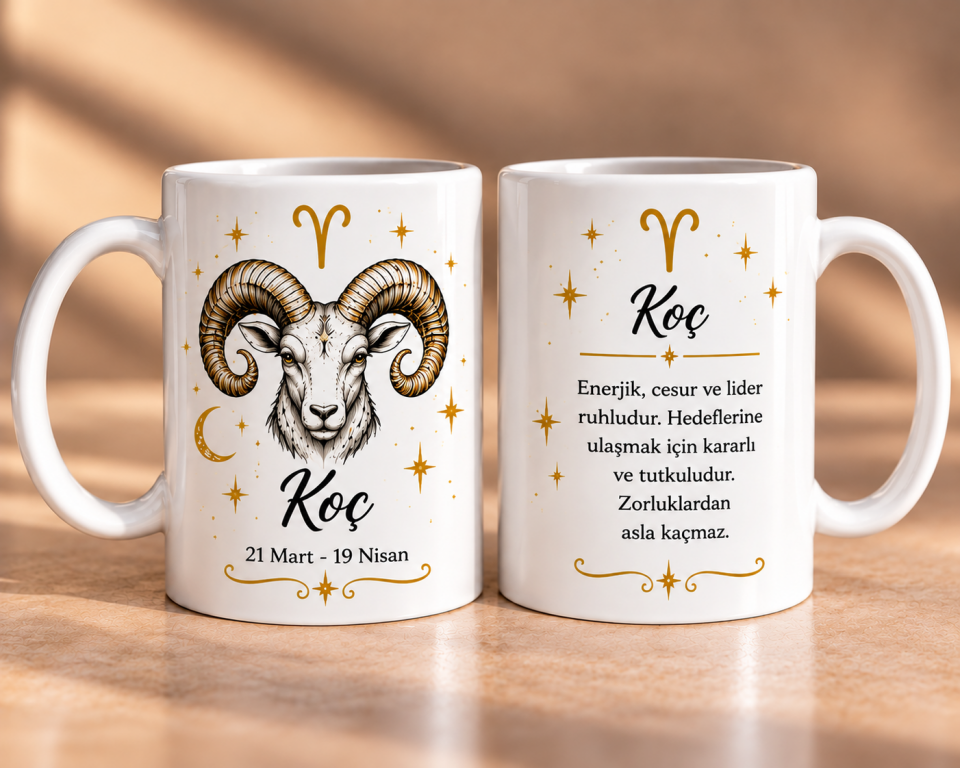 Koç Burcu Ön Arka Baskılı Porselen Kupa 330 ml