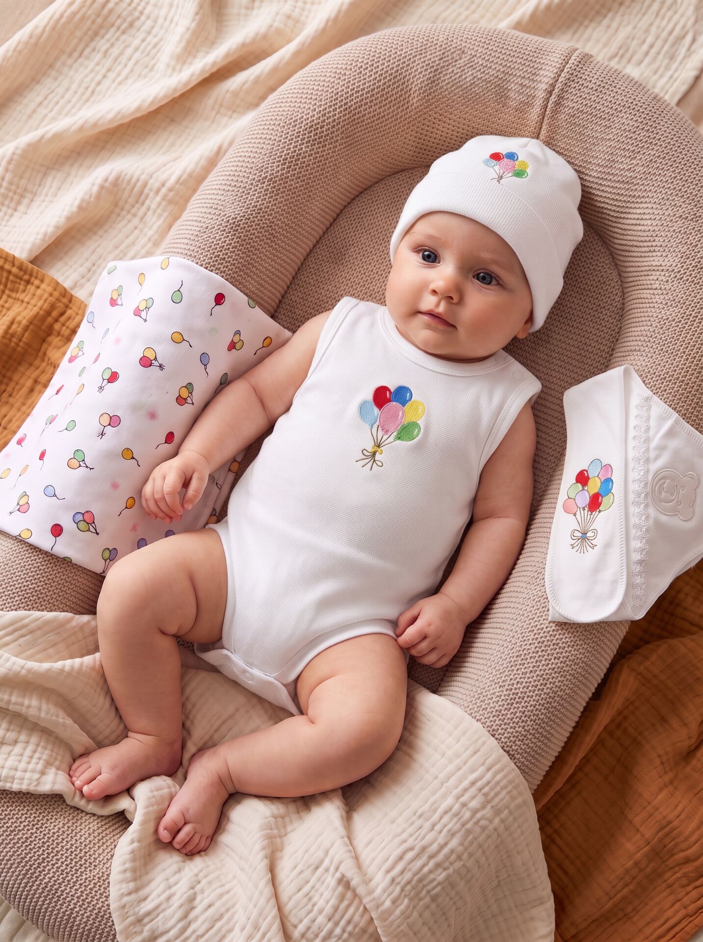 Balon Baskılı Pamuklu Kız Bebek Body – Kolsuz, Çıtçıtlı Beyaz - 9-12