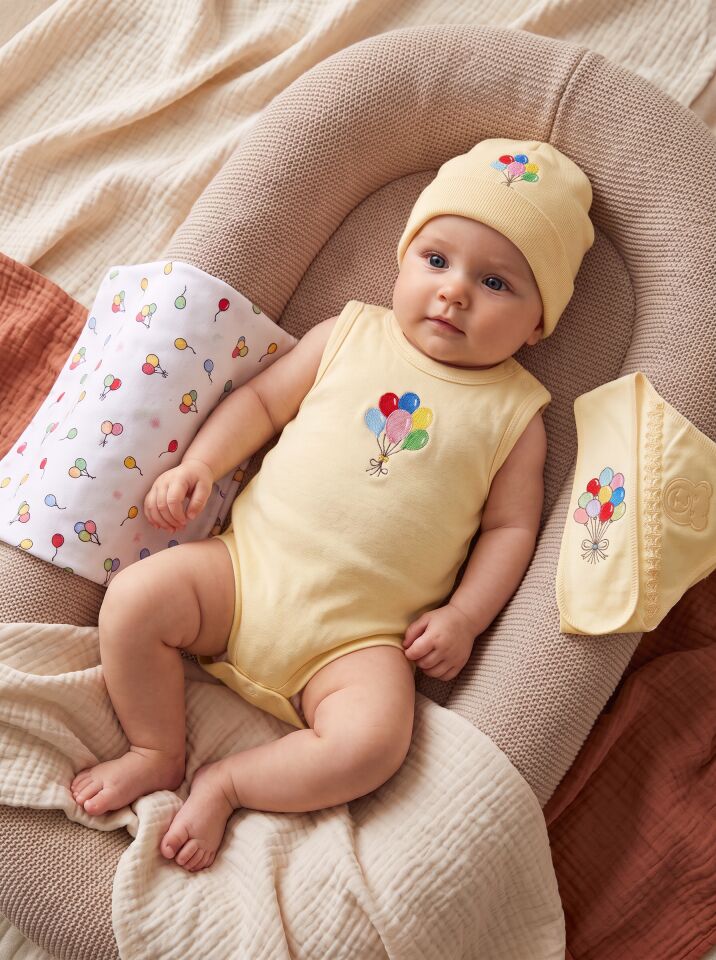 Balon Baskılı Pamuklu Kız Bebek Body – Kolsuz, Çıtçıtlı Sarı - 3-6