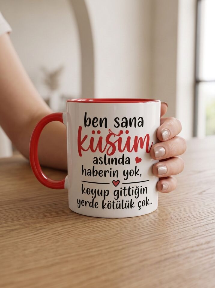 Ben Sana Küsüm Yazılı Kırmızı Detaylı Porselen Kupa 330 ml