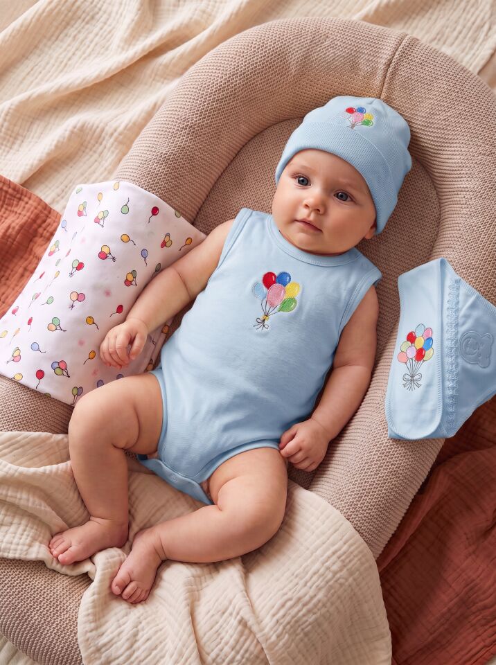 Balon Baskılı Pamuklu Kız Bebek Body – Kolsuz, Çıtçıtlı Mavi - 12-18