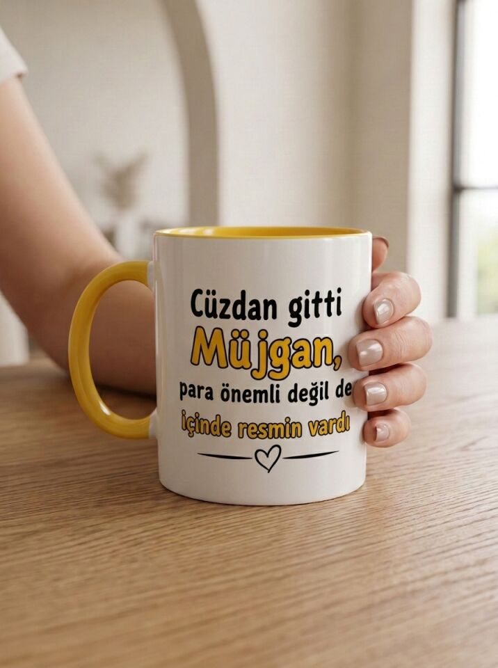 Cüzdan Gitti Müjgan Yazılı Sarı İçli Porselen Kupa 330 ml
