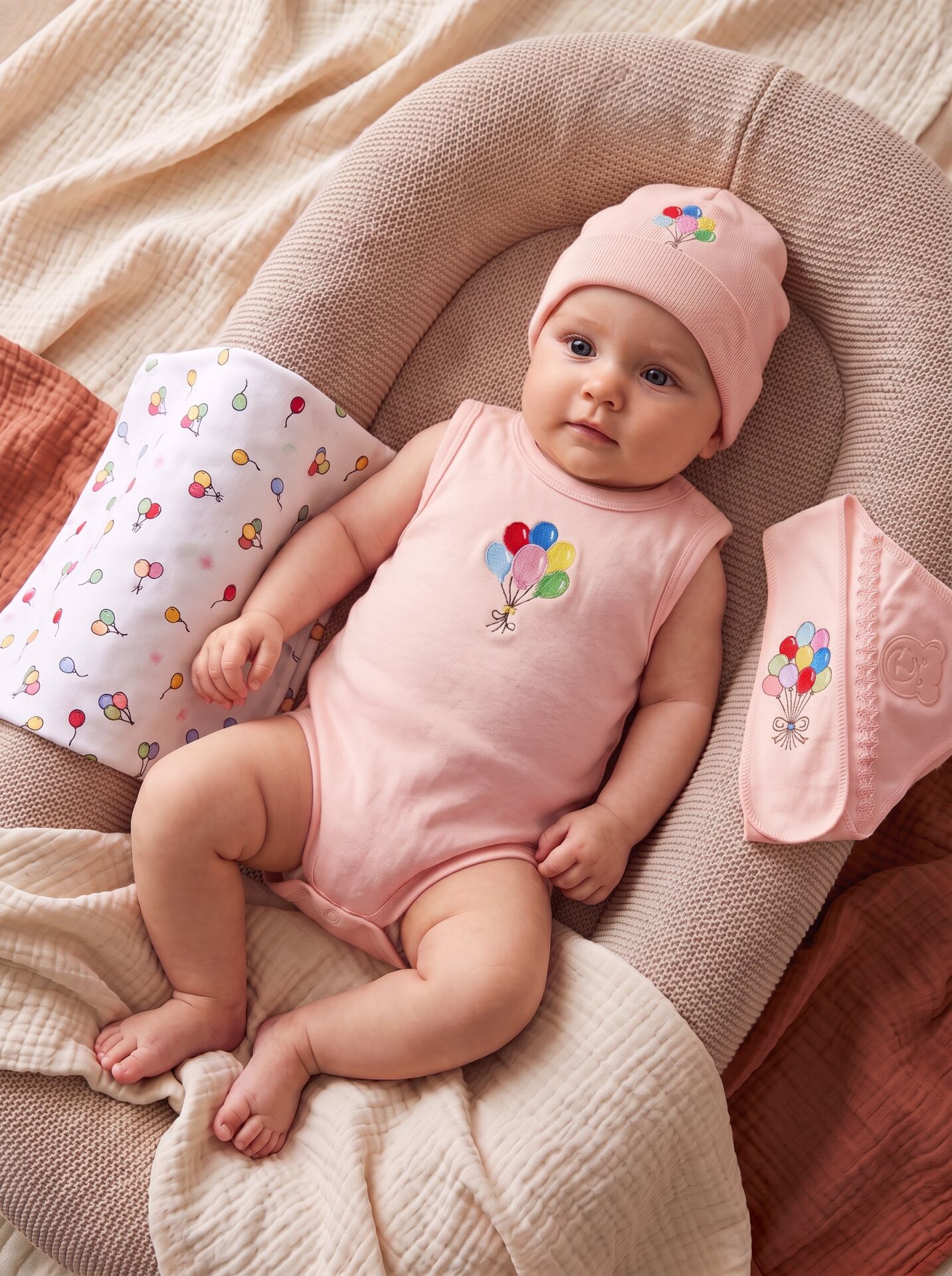 Balon Baskılı Pamuklu Kız Bebek Body – Kolsuz, Çıtçıtlı Pembe - 9-12