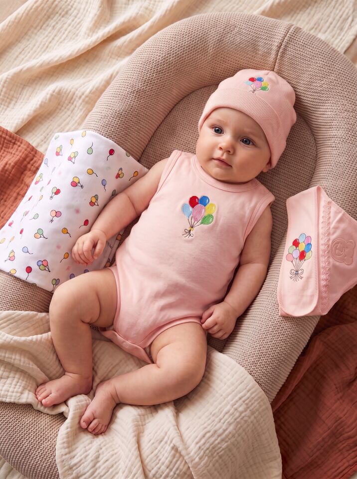 Balon Baskılı Pamuklu Kız Bebek Body – Kolsuz, Çıtçıtlı Pembe - 12-18