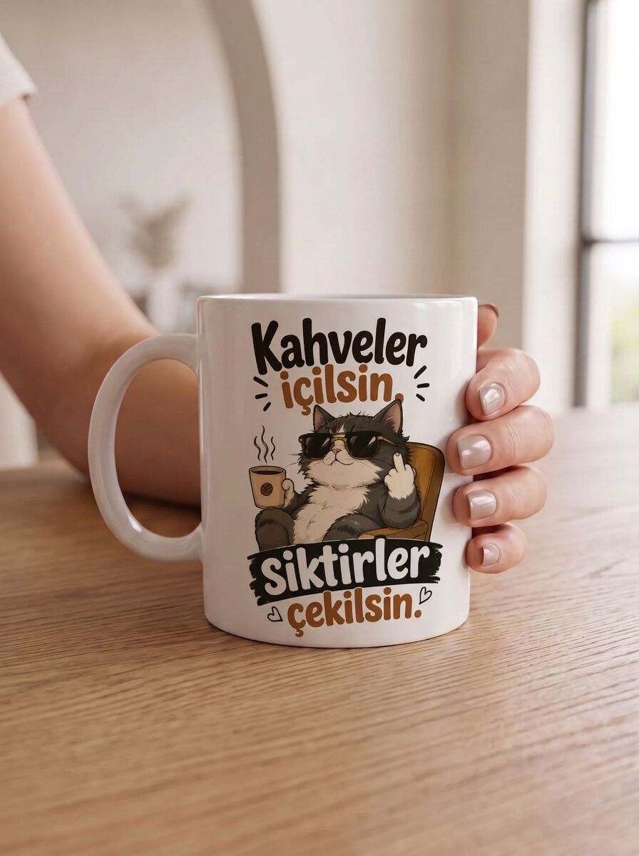 Kahveler İçilsin Siktirler Çekilsin Kedi Baskılı Porselen Kupa 330 ml