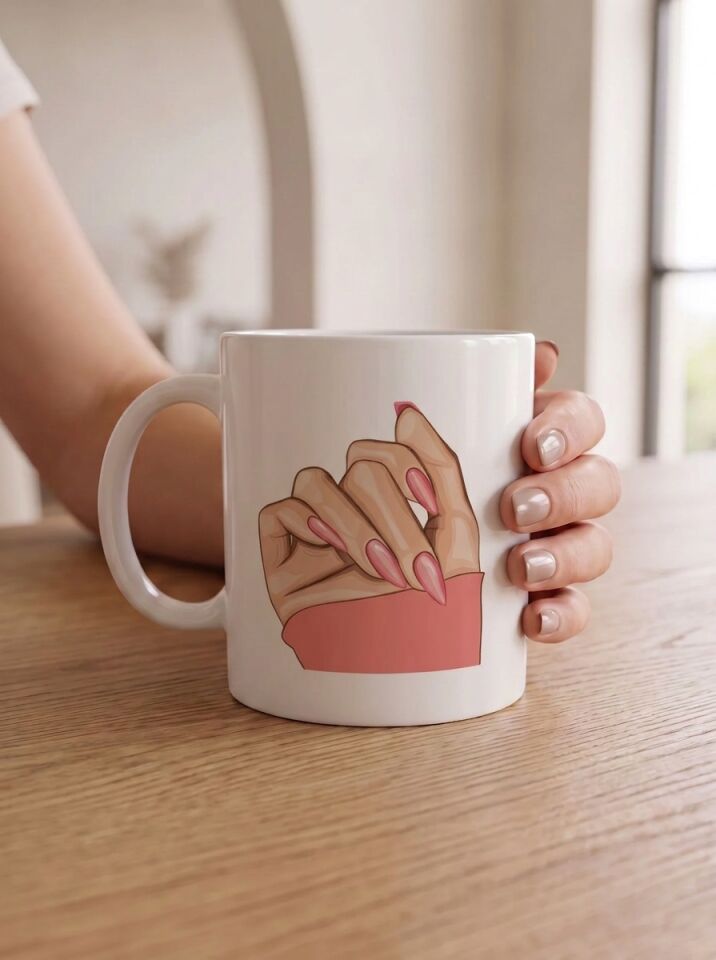 Pembe Manikür İllüstrasyonlu Porselen Kupa 330 ml