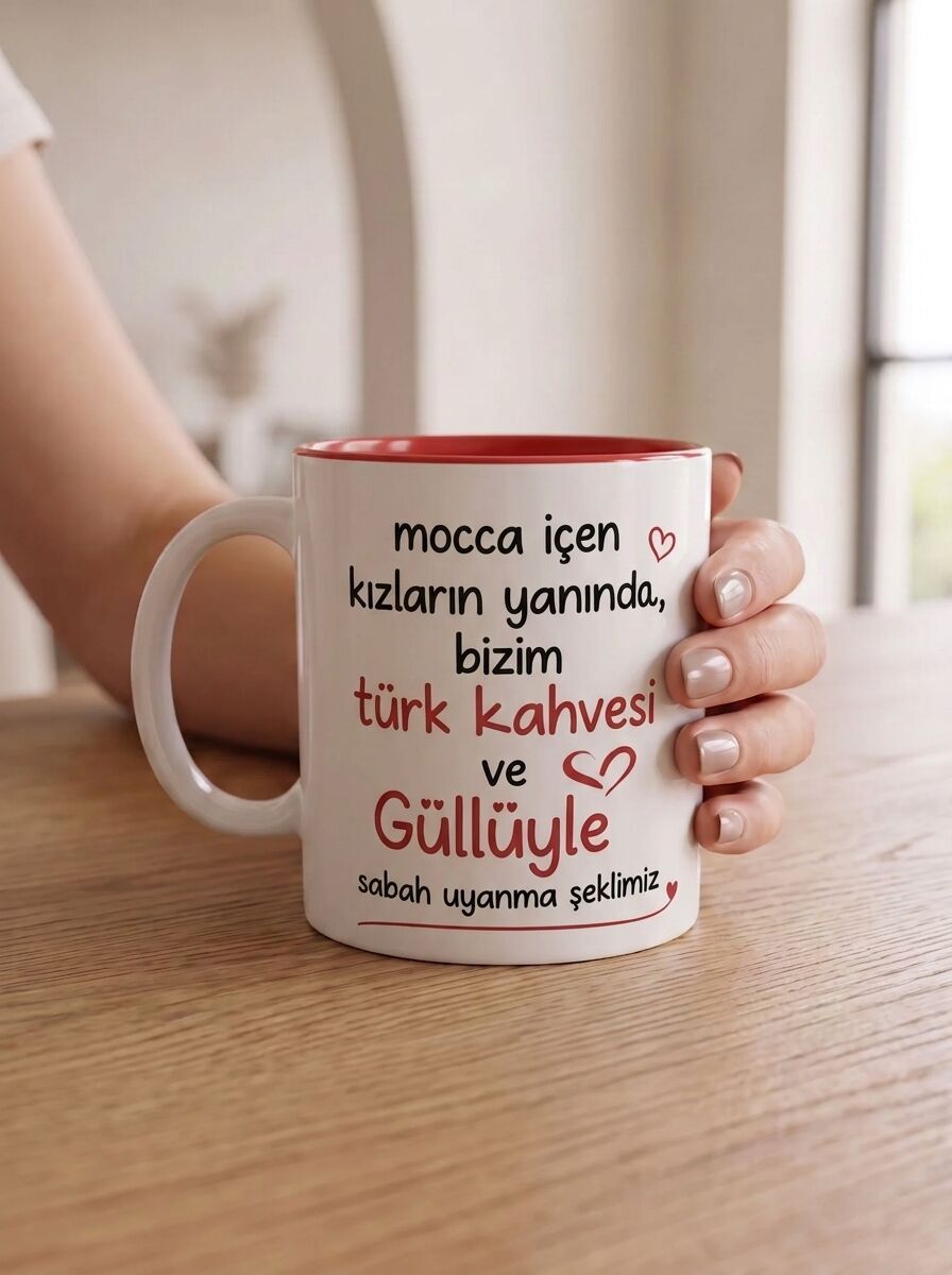Türk Kahvesi ve Güllüyle Yazılı Kırmızı Porselen Kupa 330 ml