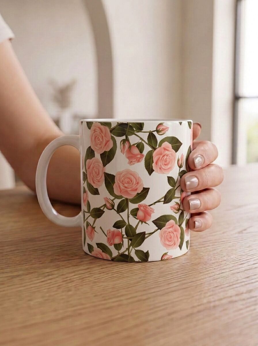Pudra Gül Desenli Porselen Kupa 330 ml