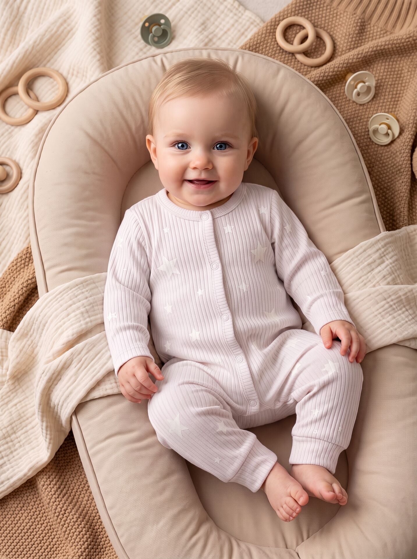 Yıldız Desenli Pamuklu Bebek Tulum Body Beyaz - 3-6