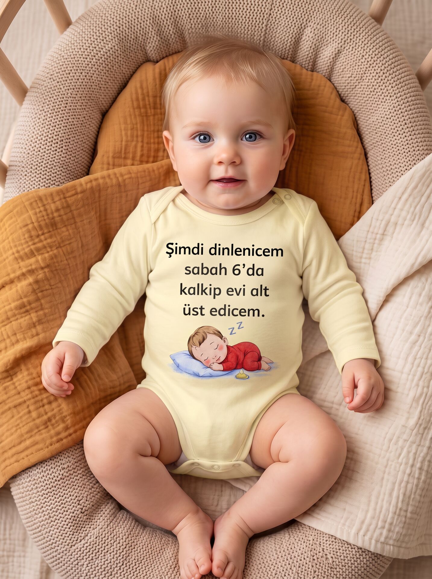 Şimdi Dinlenicem Yazılı Pamuklu Uzun Kol Bebek Body Sarı - 9-12