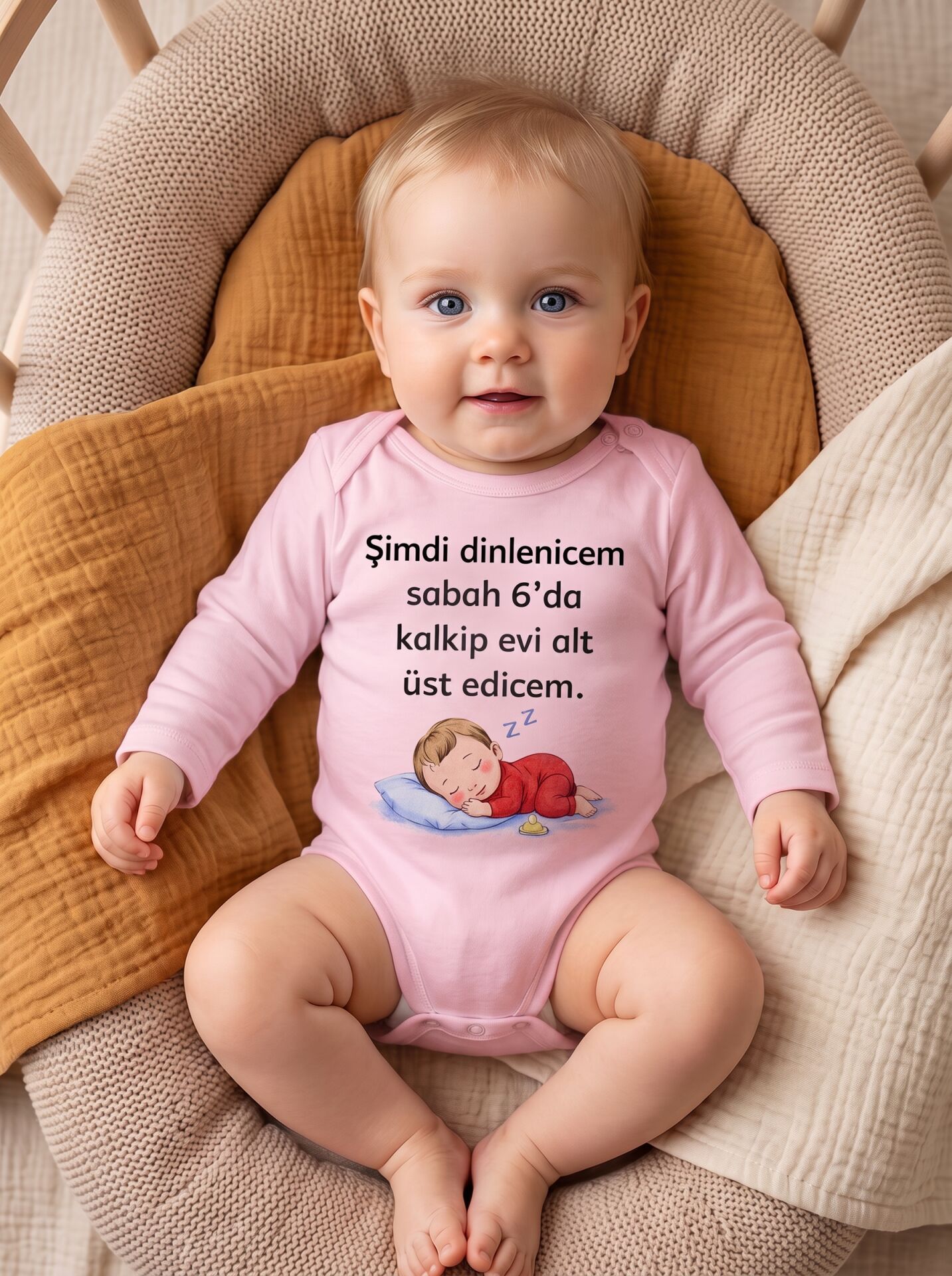 Şimdi Dinlenicem Yazılı Pamuklu Uzun Kol Bebek Body Pembe - 3-6
