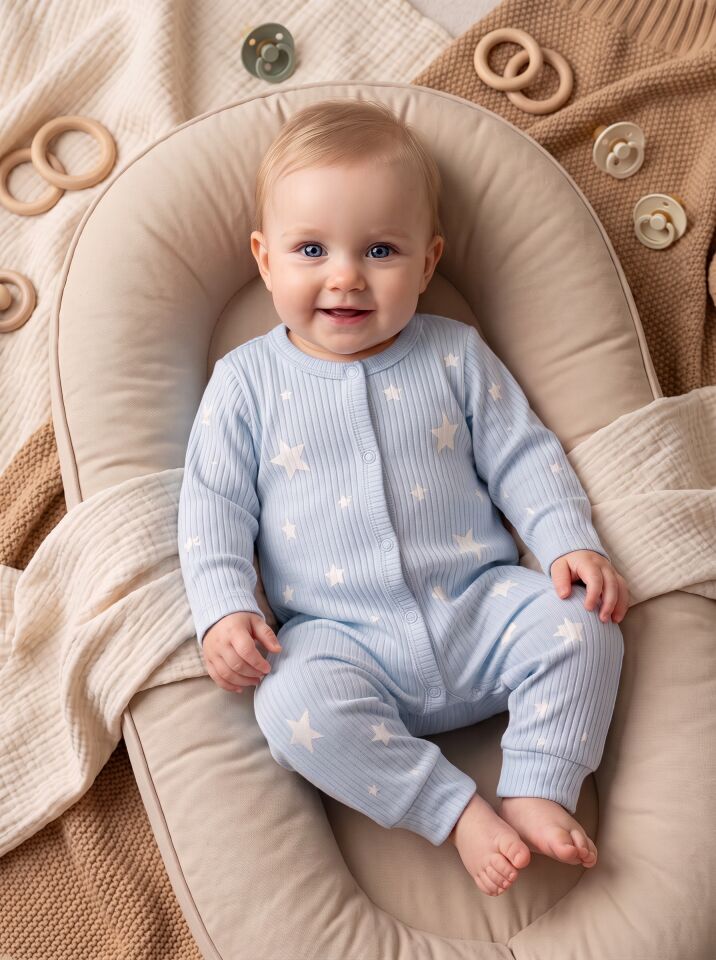 Yıldız Desenli Pamuklu Bebek Tulum Body Mavi - 9-12